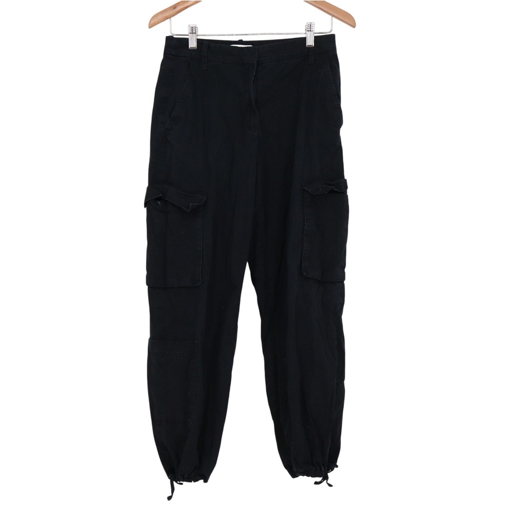 HM Womens Black Cotton Cargo Pants High Rise Utility Jogger Ankle Tie Size 4